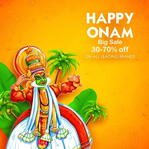 Mutlu Onam Festivali Güney Hindistan Kerala için reklam ve promosyon arka plan Kathakali dansçı