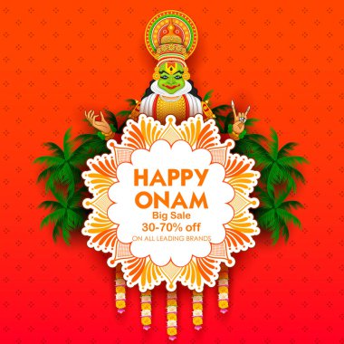 Mutlu Onam Festivali Güney Hindistan Kerala için reklam ve promosyon arka plan Kathakali dansçı