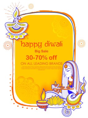 Hindistan'ın ışık Festivali için mutlu Diwal tatil satış promosyon reklam arka plan üzerinde diya yanan Bayan