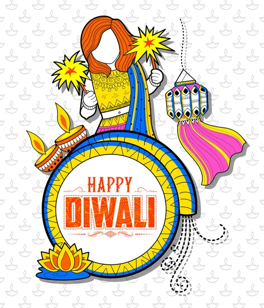 Kind vieren happy Diwali Holiday doodle achtergrond voor licht festival van India — Stockvector