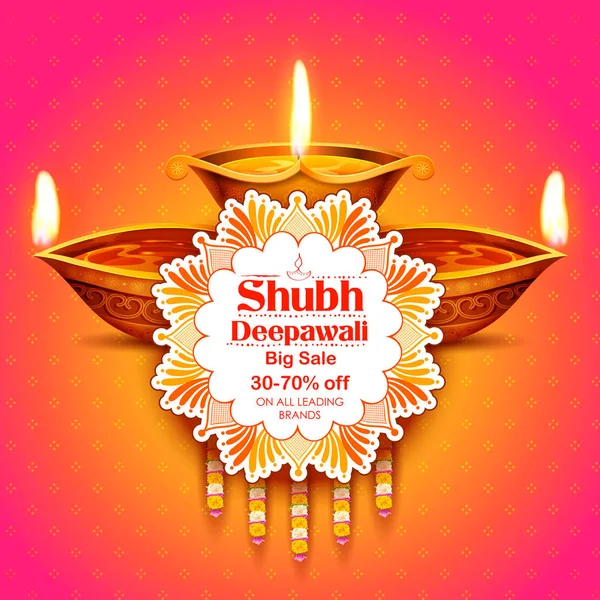 Burning diya on Happy Diwali Holiday Sale advertising background for light festival of India — стоковый вектор