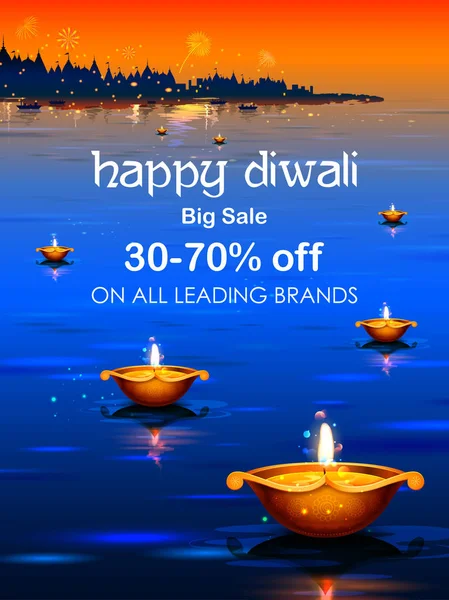 Burning diya en Happy Diwali Holiday Venta promoción publicidad fondo para el festival de la luz de la India — Vector de stock