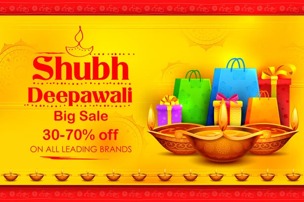 Queimando diya em feliz Diwali Holiday Sale promoção fundo de propaganda para o festival de luz da Índia — Vetor de Stock