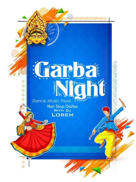 Pareja jugando Dandiya en discoteca Garba Cartel nocturno para Navratri Dussehra festival de la India — Vector de stock