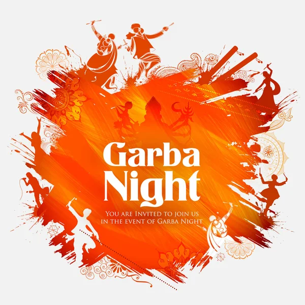 Casal tocando Dandiya na discoteca Garba Night poster para Navratri Dussehra festival da Índia — Vetor de Stock