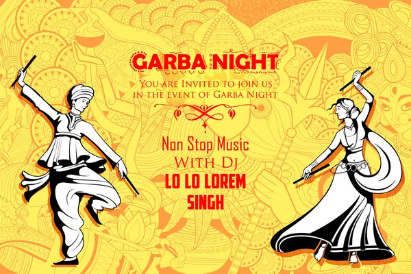 Pareja jugando Dandiya en discoteca Garba Cartel nocturno para Navratri Dussehra festival de la India — Vector de stock