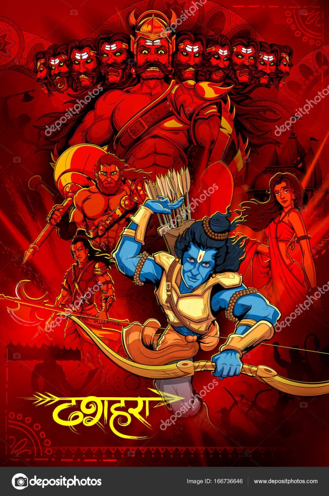 Lord Rama with bow arrow killing Ravan in Dussehra Navratri festival of India poster Stock Vector Image by ©vectomart #166736646 Lord Rama with bow arrow killing Ravan in Dussehra Navratri festival of India poster Stock Vector Image by ©vectomart #166736646