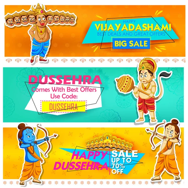 Lord Rama and ten headed Ravana for Happy Dussehra Navratri sale promotion festival of India — Stock Vector