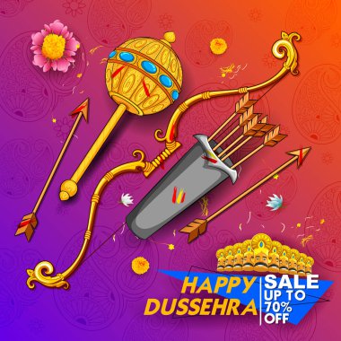 Tanrı Rama ve on ok ve yay Ravana mutlu Dussehra Navratri satış promosyon festival Hindistan için başlı
