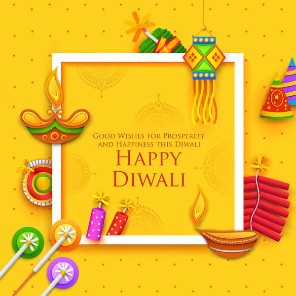 Diya ve fişek Hindistan'ın ışık Festivali için Happy Diwali Holiday zemin üzerine yazma — Stok Vektör