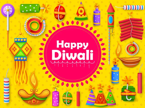 Brinnande diya och smällare på Happy Diwali Holiday bakgrund för ljus festival i Indien — Stock vektor