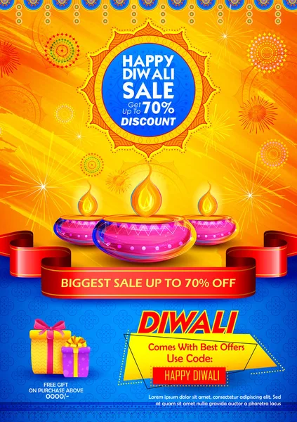 Brennende diya auf glücklich diwali feiertag verkauf werbung werbung hintergrund für licht festival von indien — Stockvektor