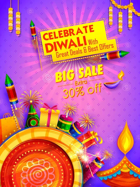 Burning diya en Happy Diwali Holiday Venta promoción publicidad fondo para el festival de la luz de la India — Vector de stock