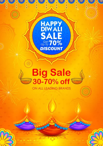 Burning diya en Happy Diwali Holiday Venta promoción publicidad fondo para el festival de la luz de la India — Vector de stock