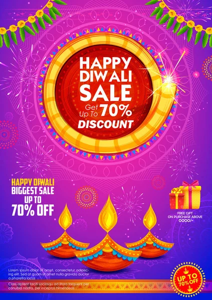 Burning diya on Happy Diwali Holiday Sale advertising background for light festival of India — стоковый вектор