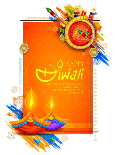 Membakar diya dan petasan di Happy Diwali Latar belakang Holiday untuk festival cahaya India - Stok Vektor