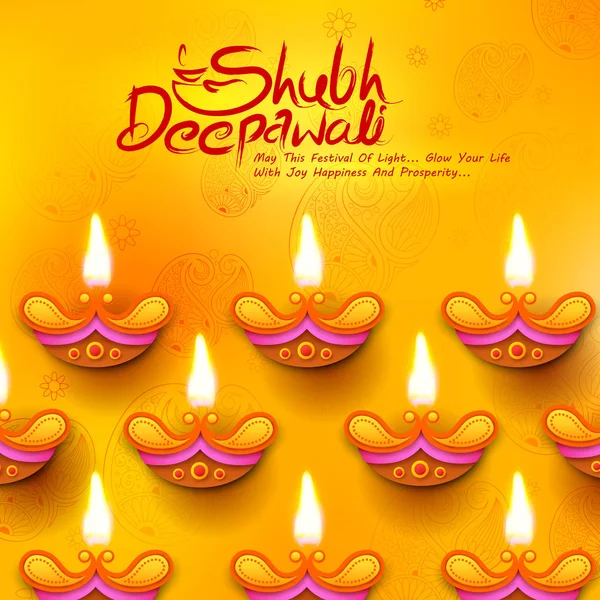 Hořící diya na Diwali Holiday pozadí pro lehké festival Indie zprávou v hindštině znamená šťastný Dipawali — Stockový vektor
