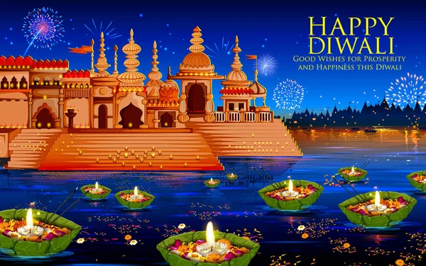 Unoszące się diya w rzece na tle Happy Diwali Holiday dla światła Festiwal Indii — Wektor stockowy
