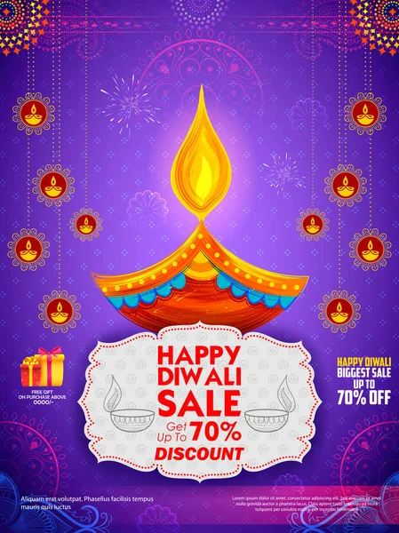 Brûler diya sur Happy Diwali Holiday Sale promotion publicité arrière-plan pour la lumière festival de l'Inde — Image vectorielle