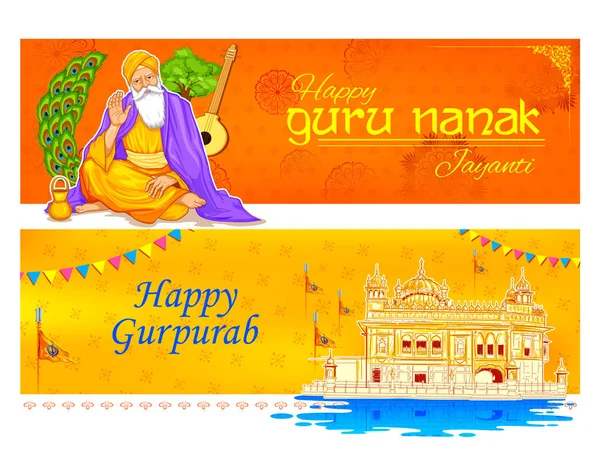 Feliz Gurpurab, Guru Nanak Jayanti festival de fundo celebração Sikh —  Vetores de Stock