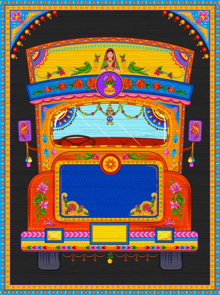 Banner de bienvenida colorido en estilo kitsch de arte de camiones de la India — Vector de stock