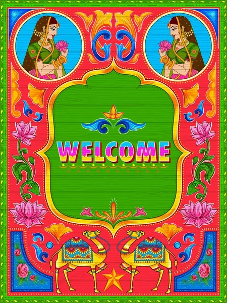 Banner de bienvenida colorido en estilo kitsch de arte de camiones de la India — Vector de stock