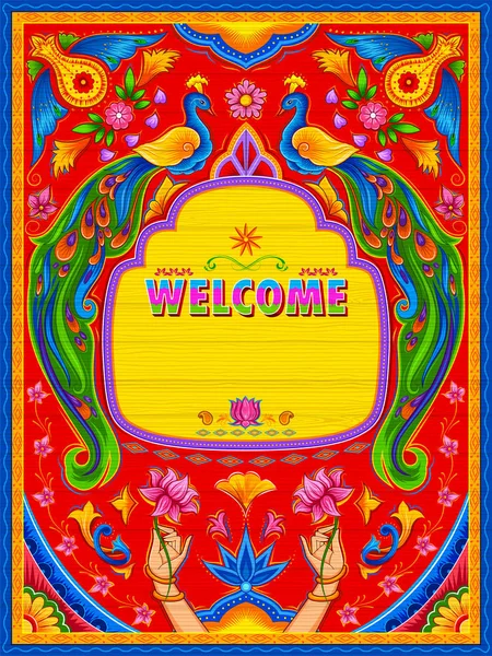 Banner de bienvenida colorido en estilo kitsch de arte de camiones de la India — Vector de stock