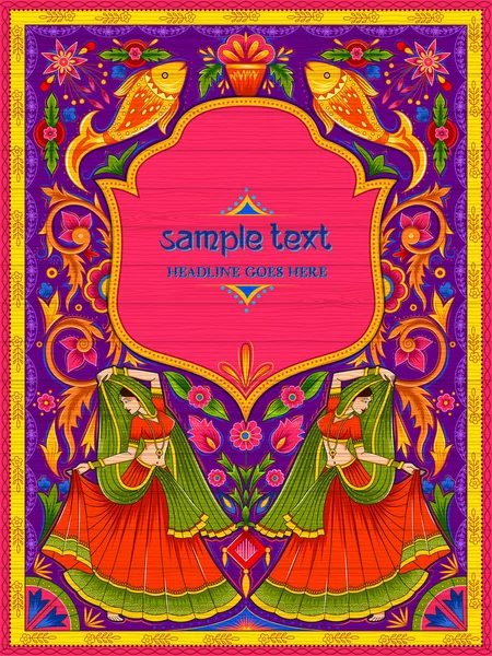 Banner de bienvenida colorido en estilo kitsch de arte de camiones de la India — Vector de stock