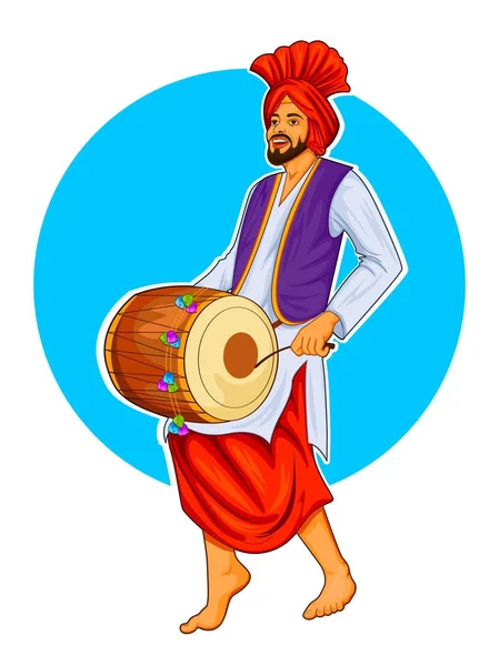 Sikh Punjabi Sardar jugando al dhol y bailando bhangra en vacaciones como Lohri o Vaisakhi — Vector de stock