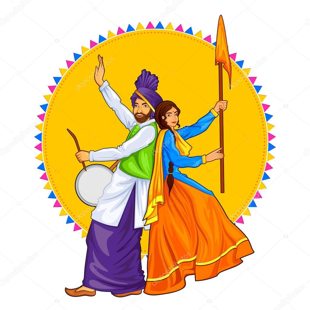 Sikh Punjabi Sardar couple playing dhol and dancing bhangra on holiday like Lohri or Vaisakhi