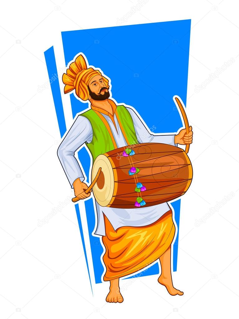 Sikh Punjabi Sardar playing dhol and dancing bhangra on holiday like Lohri or Vaisakhi