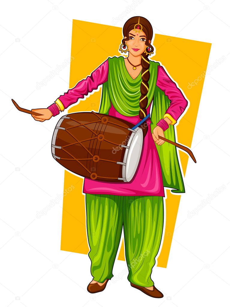 Sikh Punjabi Sardar woman playing dhol and dancing bhangra on holiday like Lohri or Vaisakhi