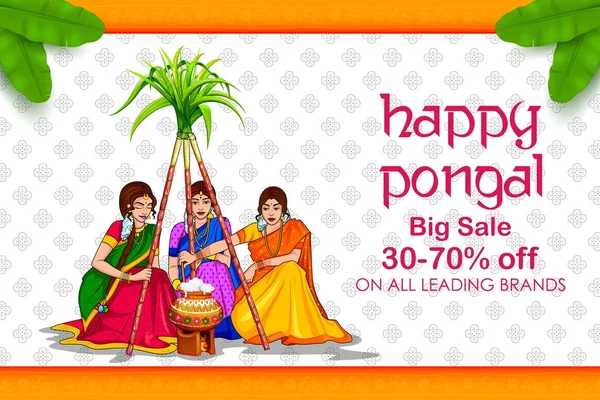 Happy Pongal Holiday Harvest Festival de Tamil Nadu Sur de la India Venta y Antecedentes publicitarios — Archivo Imágenes Vectoriales