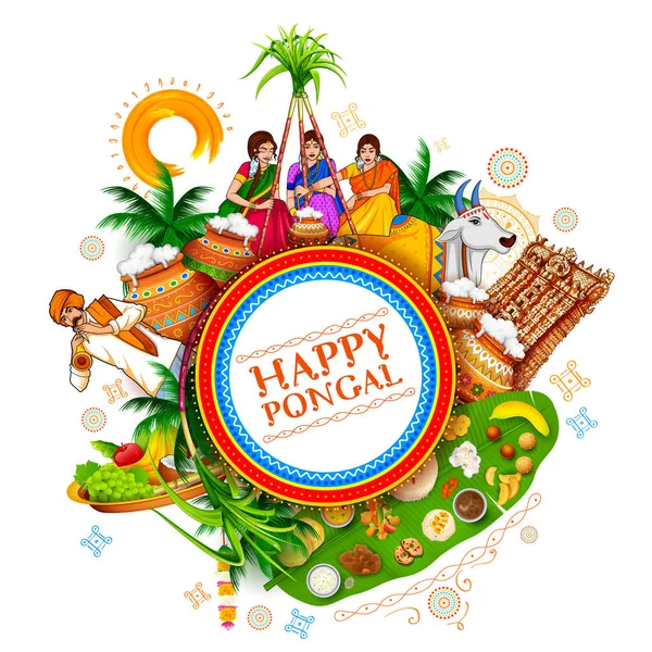 Ευτυχισμένος Pongal διακοπών φεστιβάλ συγκομιδή του Ταμίλ Ναντού νότια Ινδία χαιρετισμό φόντο — Διανυσματικό Αρχείο
