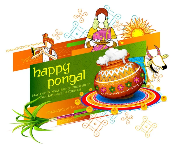 Happy Pongal Holiday Harvest Festival of Tamil Nadu South India greeting background — Stock Vector