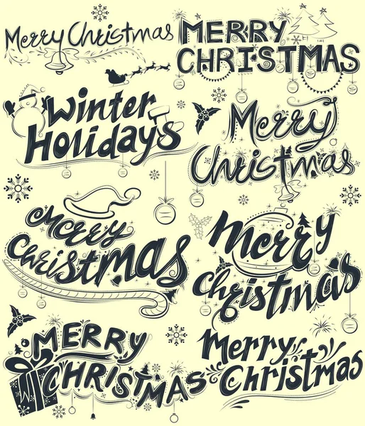 Feliz Navidad e invierno vacaciones letras diseño conjunto tipografía estilo saludo fondo — Vector de stock