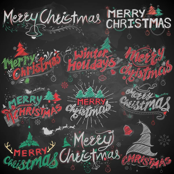С Рождеством и Зимним праздником мелом Письменный дизайн Набор типографики стиль приветствия черный фон доски — стоковый вектор