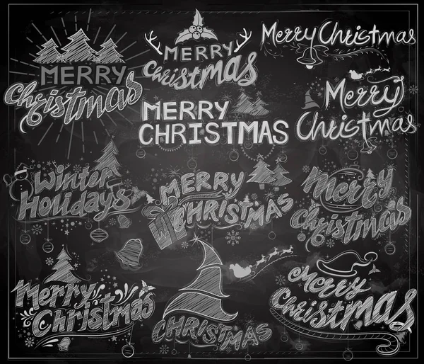 Joyeux Noël et vacances d'hiver craie Lettrage Design Set typographie style saluant fond de tableau noir — Image vectorielle