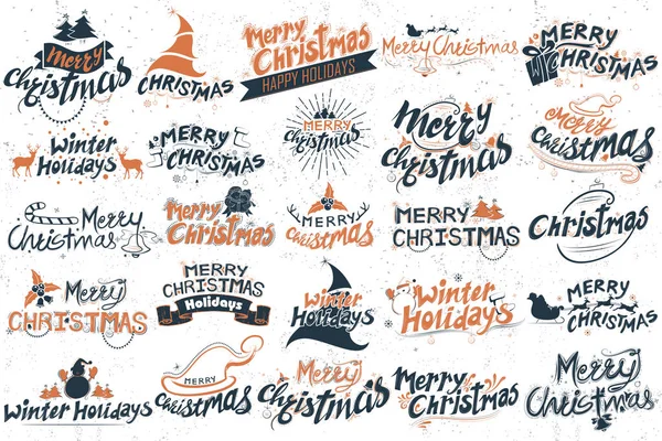 Feliz Navidad e invierno vacaciones letras diseño conjunto tipografía estilo saludo fondo — Vector de stock