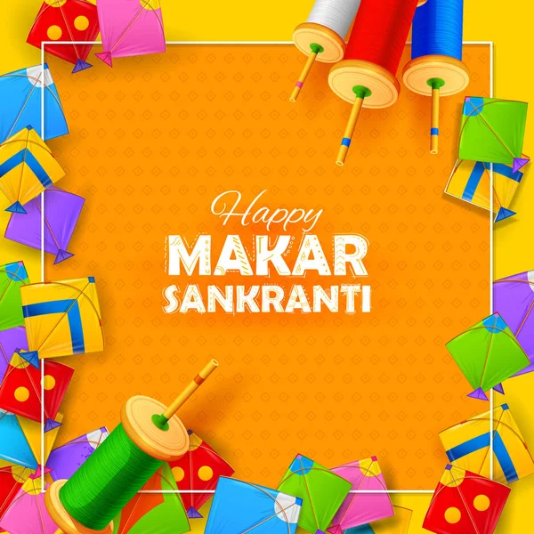 Happy Makar Sankranti วอลล์เปเปอร์ที่มีสายว่าวสีสันสําหรับเทศกาลของอินเดีย — ภาพเวกเตอร์สต็อก