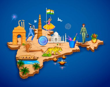 Hindistan farklı anıt ve ünlü yerleri gösteren ayrıntılı 3d Haritası
