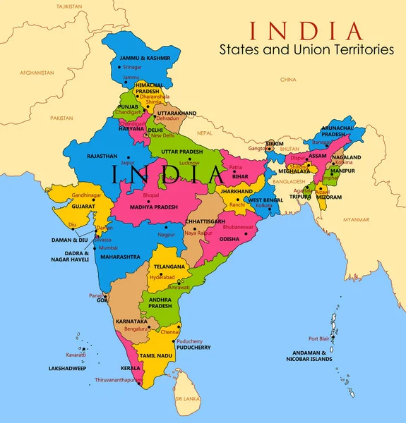 Detaljerad karta över Indien, Asien med alla stater och land gränsen — Stock vektor