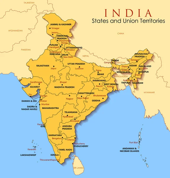 Mapa detalhado da Índia, Ásia com todos os estados e fronteiras do país — Vetor de Stock