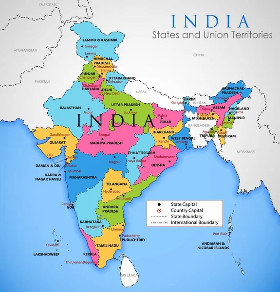 Mapa detallado de India, Asia con todos los estados y frontera del país — Vector de stock