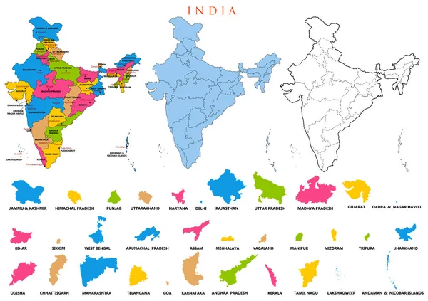 Mapa detallado de India, Asia con todos los estados y frontera del país — Vector de stock