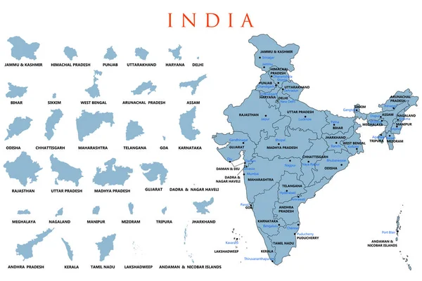 Podrobná mapa Indie, Asie se všemi státy a země hranice — Stockový vektor