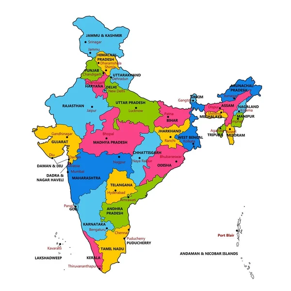 Mappa dettagliata dell'India, dell'Asia con tutti gli stati e i confini del paese — Vettoriale Stock