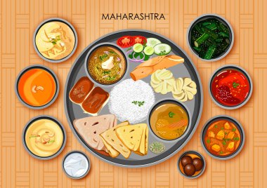 Geleneksel Maharashtrian mutfağı ve yemek yemek thali Maharashtra Hindistan