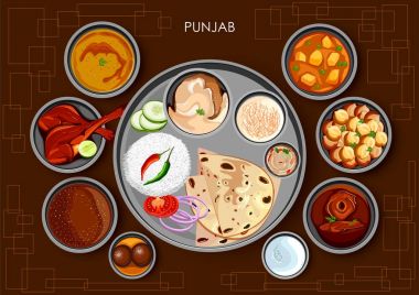 Geleneksel Punjabi mutfağı ve yemek yemek thali Punjab Hindistan