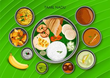Tamil Nadu Hindistan'ın geleneksel mutfağı ve yemek yemek thali